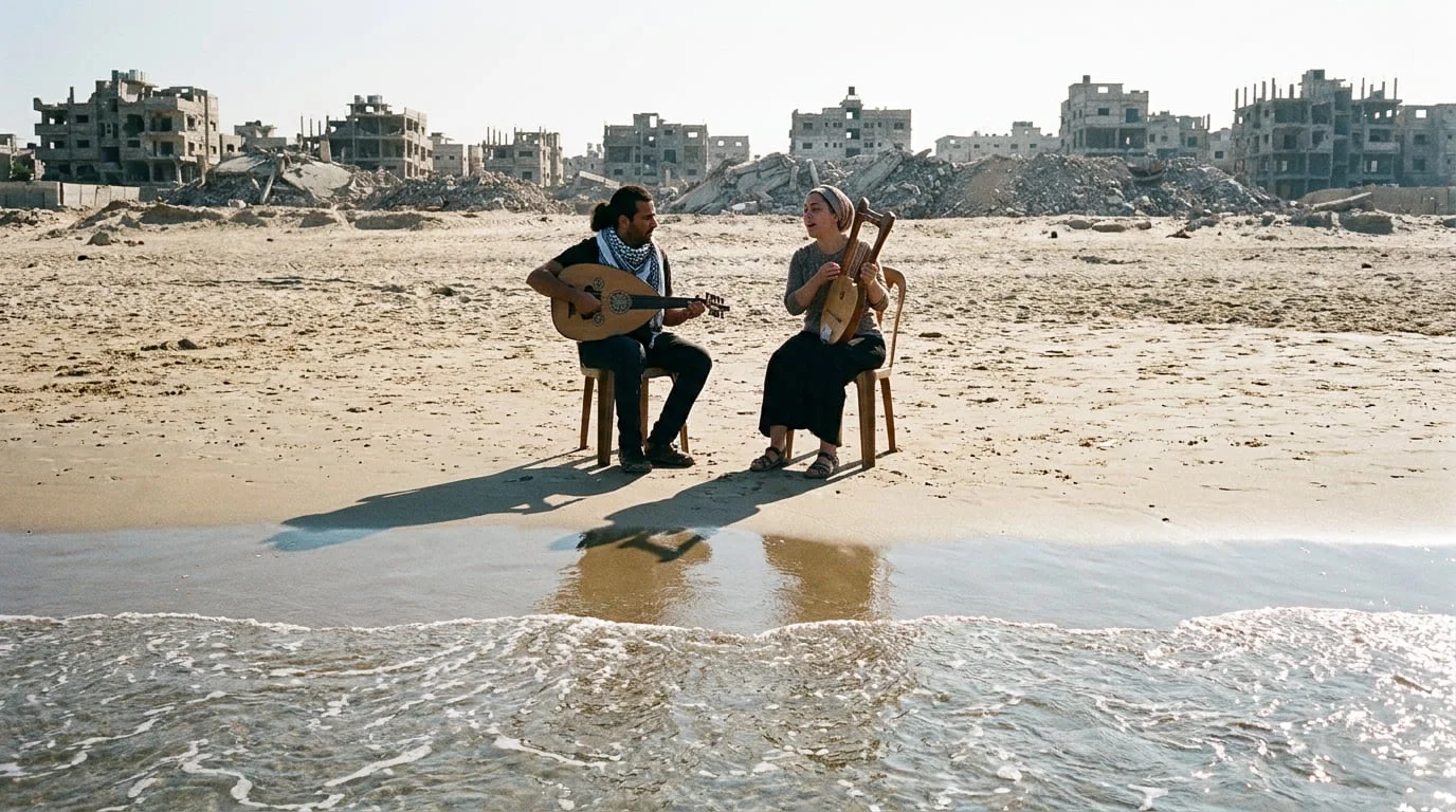 Two musicians seated together with their instruments in a shared quiet moment