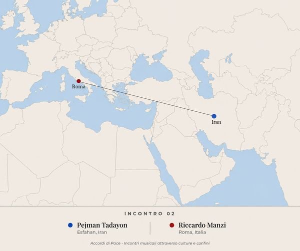 Mappa di localizzazione che mostra Esfahan in Iran e Roma, tracciando le origini geografiche dell'Incontro 02